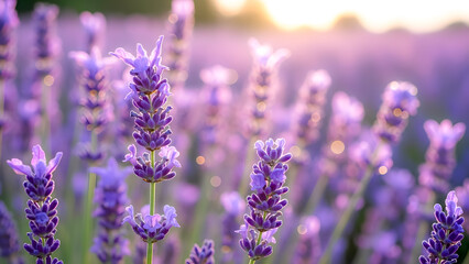 Close up of blooming lavender flowers in a field at sunset. Concept of aromatherapy, organic skincare ingredients, and natural relaxation.