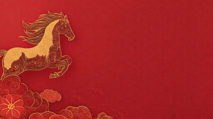 Majestic Golden Horse with Ornate Swirl Clouds on Red Background