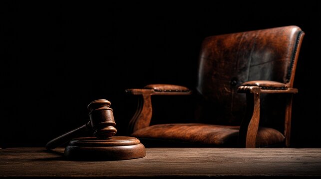 A wooden gavel rests on the table near an empty chair in a courtroom setting. Shadows surround the scene, highlighting the justice theme.