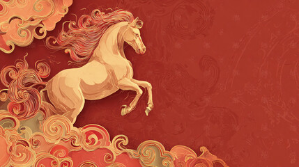 Traditional Style Golden Horse with Ornate Cloud Motifs