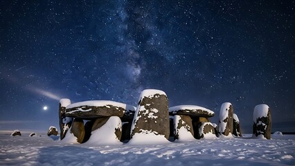Ancient megalithic stones dusted with snow under a starry night sky and the Milky Way galaxy
