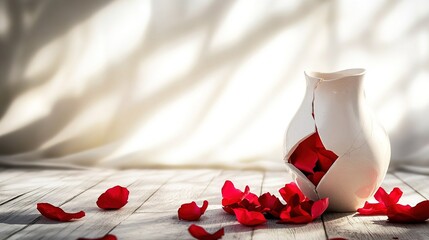 sedition. A shattered ceramic vase on a wooden floor with scattered flower petals in an empty room. wellbeing guides.