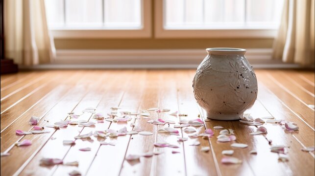 sedition. A shattered ceramic vase on a wooden floor with scattered flower petals in an empty room. wellbeing guides.
