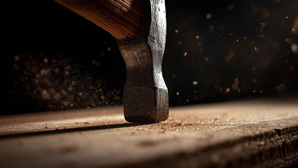 A hammer striking a wooden surface with force and precision in a workshop environment from a close-up viewpoint