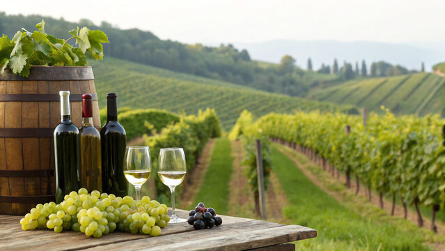 Enjoying wine and grapes at a vineyard in the countryside during sunny weather in late afternoon