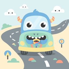 Happy Monster Driving Cute Car On Road