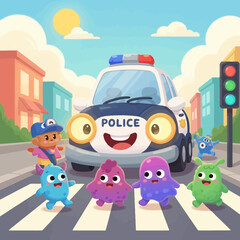 Happy Cartoon Police Car Watches Pedestrians