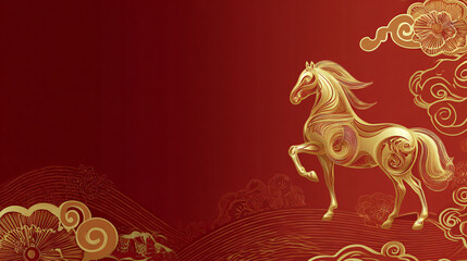 Intricate Golden Wire Horse Art on Red Patterned Background