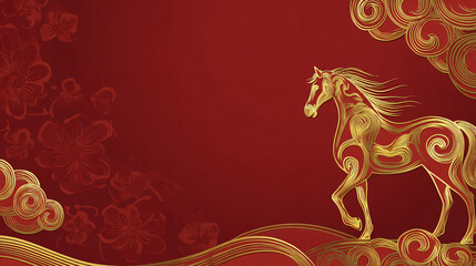 Golden Wire Horse Illustration on Ornamental Red Pattern