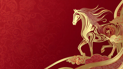 Elegant Golden Wire Horse Artwork on Decorative Red Background