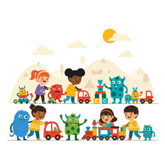 Diverse Children Play Together with Monster Friends