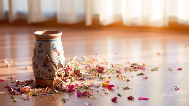 sedition. A shattered ceramic vase on a wooden floor with scattered flower petals in an empty room. wellbeing guides.