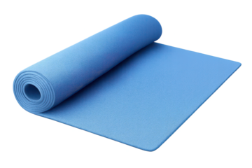 Blue rolled-up yoga mat on transparent background, exercise equipment.