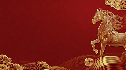 Luxurious Intricate Golden Horse Line Art with Classic Red Pattern Design