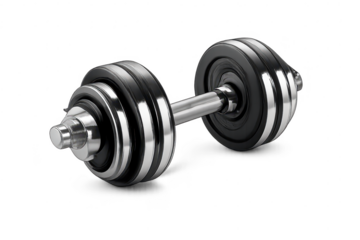 Dumbbell with chrome accents isolated on a transparent background.