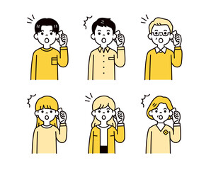 驚いた表情でスマホで通話する、様々な年齢の男女の人物の上半身ベクターイラスト素材セット