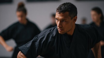 Fototapeta premium Group of people in a martial arts class. in the foreground, there is a young man wearing a black karate uniform. he is in the center of the image, with his arms stretched out in front of him.