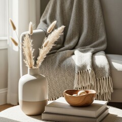 Neutral home accents styled with soft light for a warm, minimal, and contemporary lifestyle mood