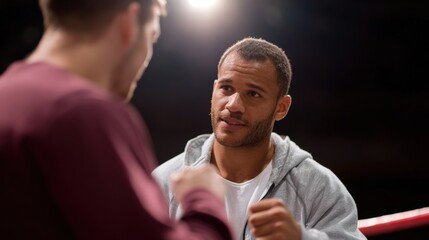 Two men in a boxing ring, engaged in a conversation. the man on the left is wearing a maroon t-shirt and appears to be in his late twenties or early thirties.