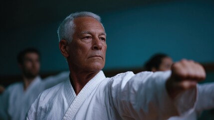 Elderly man in a martial arts class. he is wearing a white karate uniform and is in the middle of a sparring exercise. his right arm is extended upwards and his left arm is bent at the elbow.