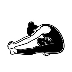 A woman practices yoga in a serene environment, stretching into a forward bend pose.