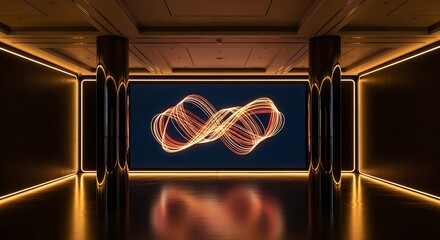 Modern architectural interior with warm orange led lighting and a central screen showcasing a dynamic, abstract glowing particle form