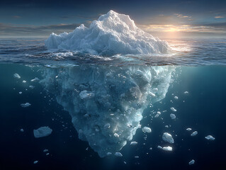an iceberg floating in the ocean, with a beautiful sunset in the background. The sun is setting behind the iceberg, casting a warm glow over the scene.