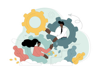 Teamwork. Effective collaboration. Man and woman turning gears. Vector illustration