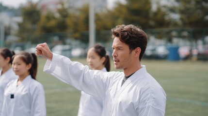 Young man in a white karate uniform standing on a grassy field with his arms stretched out in front of him.