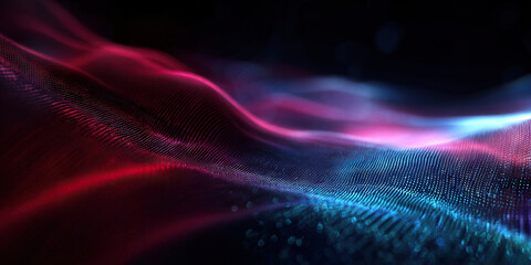 Naklejka premium Abstract flowing digital waves with red and blue luminous particles background