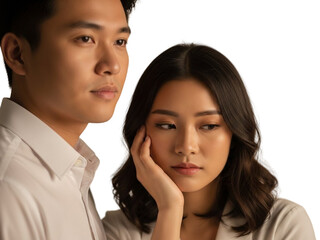 Couple in thoughtful conversation isolated on transparent background