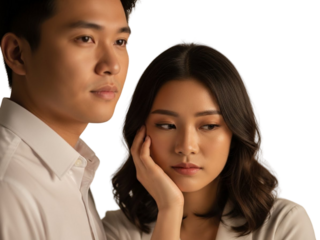 Couple in thoughtful conversation isolated on transparent background