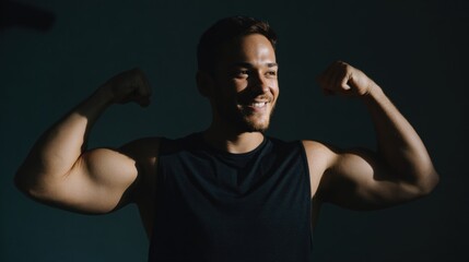 Naklejka premium Portrait of a young man flexing his biceps. he is wearing a black tank top and is standing in front of a dark background. the man is smiling and looking directly at the camera.