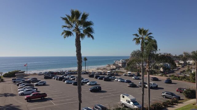 Moonlight beach in Encinitas, California. Drone rising behind tall palm trees and parking lot.