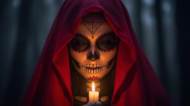 A woman dressed as la catrina or a sugar skull with a red hooded cloak holding a lit candle in a spooky dark background for halloween or dia de los muertos