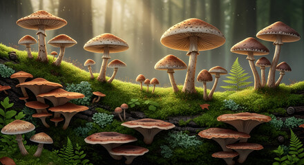 Beautiful wild mushrooms in green forest