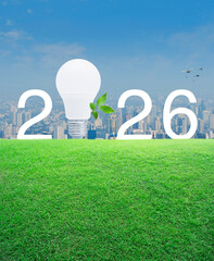Led light bulb with fresh tree leaves and 2026 letter on green grass field over city tower and skyscraper, Happy new year 2026 ecology saving power and energy concept