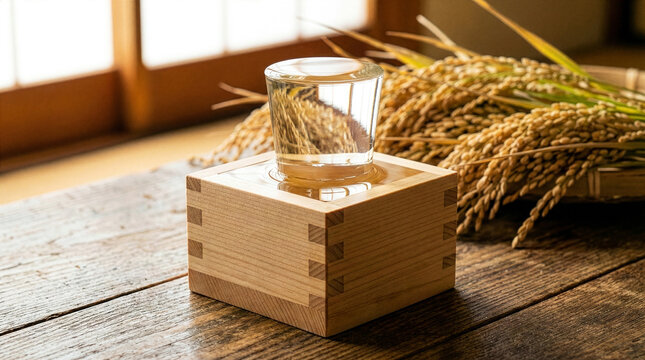 Japanese sake overflowing in a glass inside a wooden masu box with rice stalks and shoji screen background