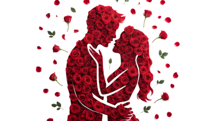 Couple Embracing in Romantic Silhouette with Red Roses in Valentines Day Theme on White Background for Greeting Card