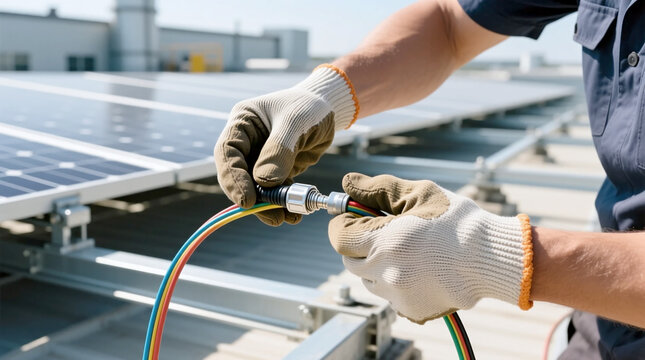 Engineer's gloved hands making an electrical connection to a solar panel array on a bright rooftop, vital for efficient green energy installation and robust renewable power infrastructure