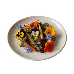 Vibrant Gourmet Vegetable Dish With Edible Flowers On A Light Plate