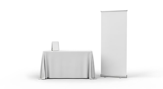 Blank white table with tablecloth and a tall rollup banner stand, perfect for trade shows or events, isolated on white background