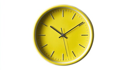 A bright yellow clock face with silver hands and markers