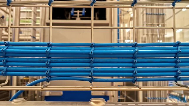 Neatly organized blue cables secured with zip ties onto a metal wire mesh cable tray in an industrial environment