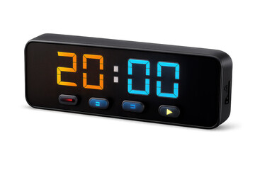 Digital clock showing 20:00, transparent background presentation.
