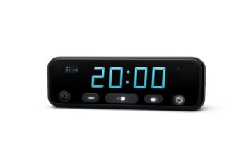 Black digital alarm clock displaying 20:00 transparent background