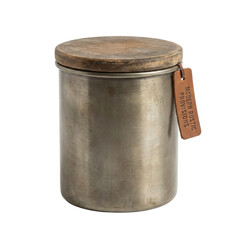 Vintage Metallic Storage Jar with a Rustic Lid and Attached Wooden Tag on a Transparent Background