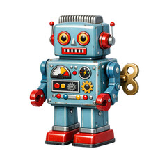 Vintage Wind-Up Robot Toy with Colorful Features and Detailed Design on Transparent Background