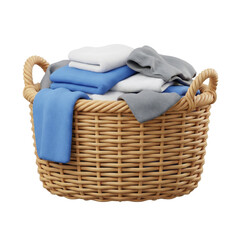 Woven Basket Filled With Clean Towels in Various Colors on Transparent Background