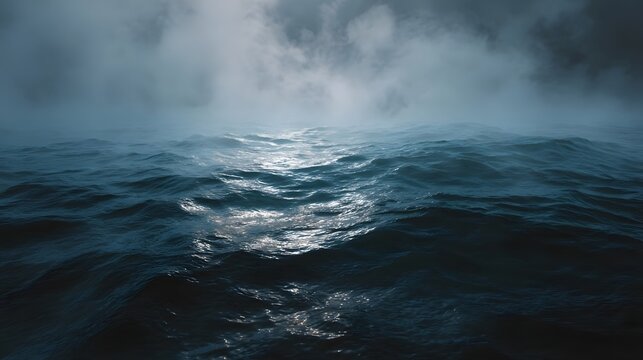 Dark choppy ocean waves under a misty overcast sky conveying a dramatic and atmospheric seascape - Powered by Adobe